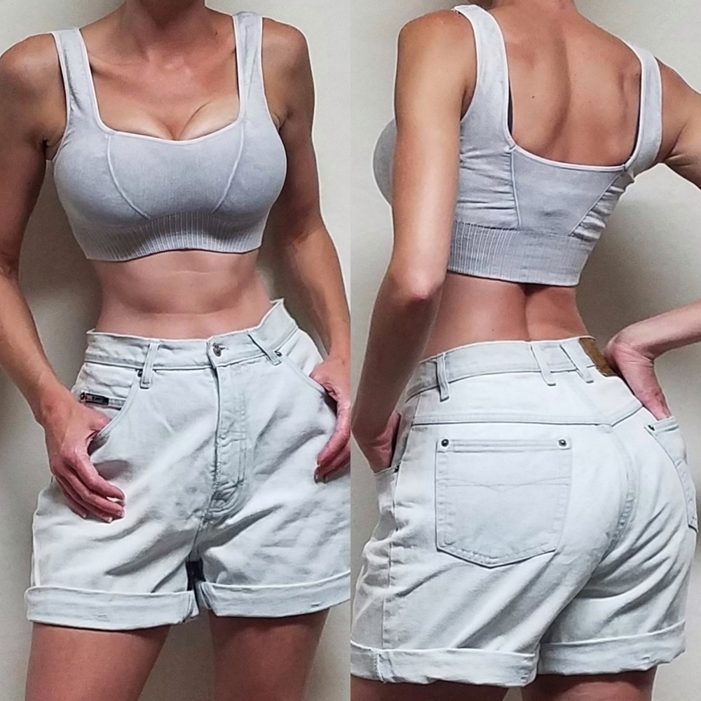 VINTAGE Route 66 Bleached Stone Wash Extra High Rise Cuffed Denim Booty Shorts